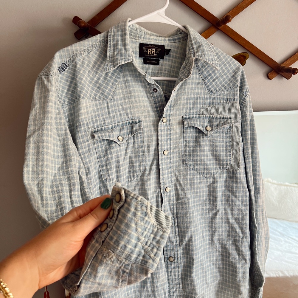 RRL Vintage Blue Checkered Button-Up Shirt with Pearl Snaps Size 3